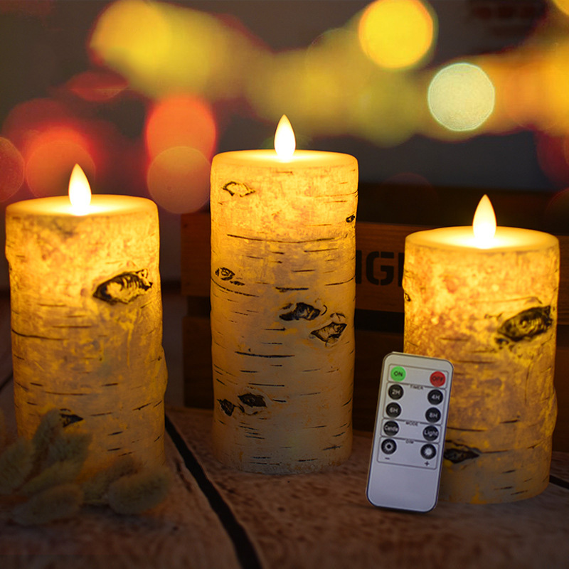 Xmas  3-Piece Set Birch Bark Remote Controlled LED  Candles(VY04-012)