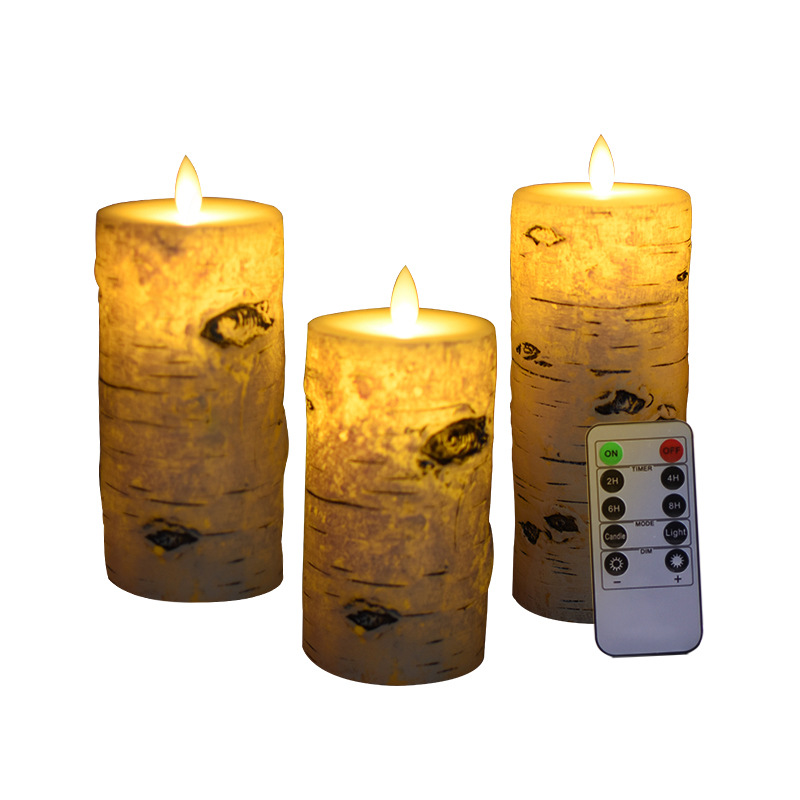 Xmas  3-Piece Set Birch Bark Remote Controlled LED  Candles(VY04-012)